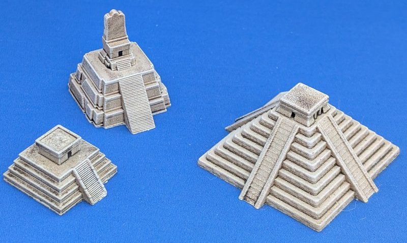 Three 1/1000th scale models of Mayan temples