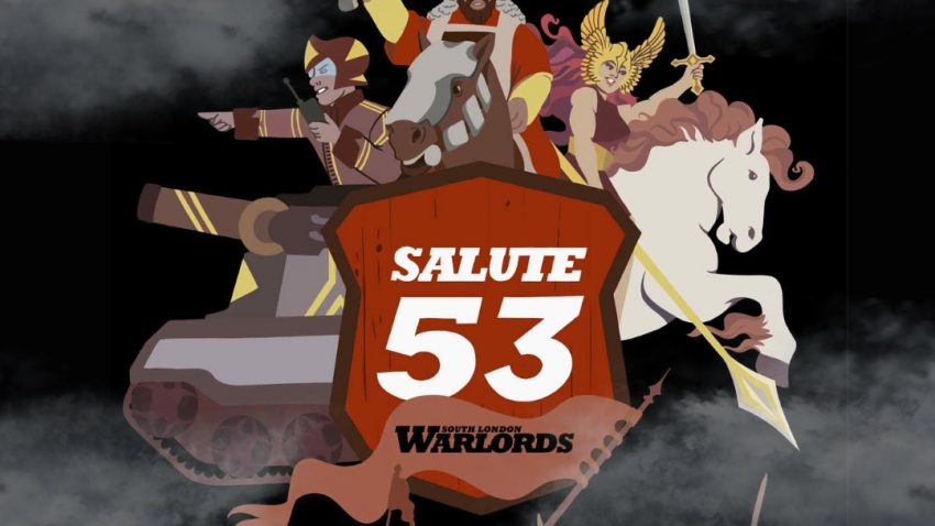 Salute 53 show logo - 'Salute 53' in white text on a red shield, surrounded by cartoonish images of cavalry