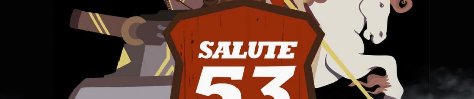 Salute 53 show logo - 'Salute 53' in white text on a red shield, surrounded by cartoonish images of cavalry